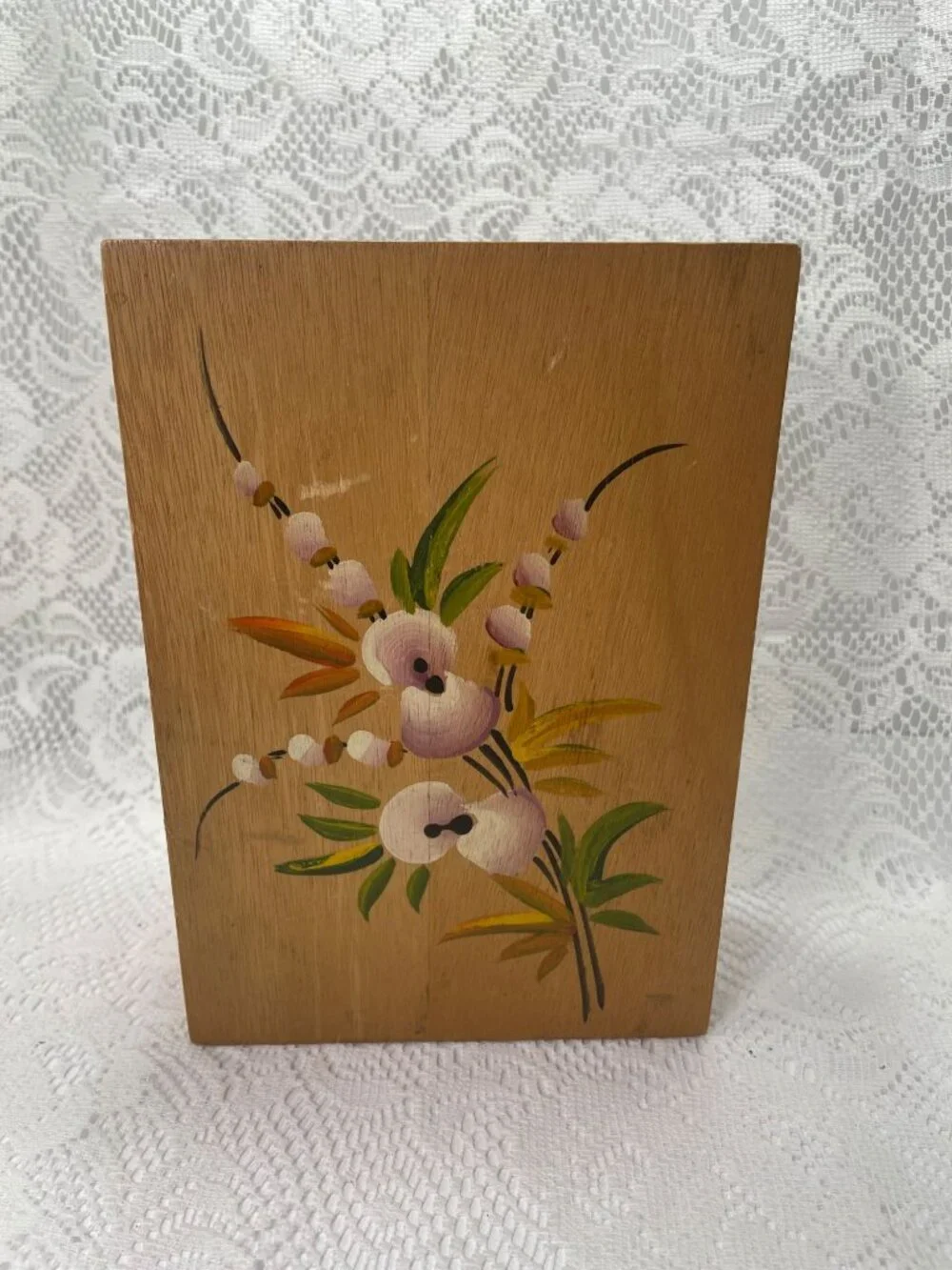 Handmade Wooden Jewelry Box With Floral Hand-Painted Design Red Felt Interior &